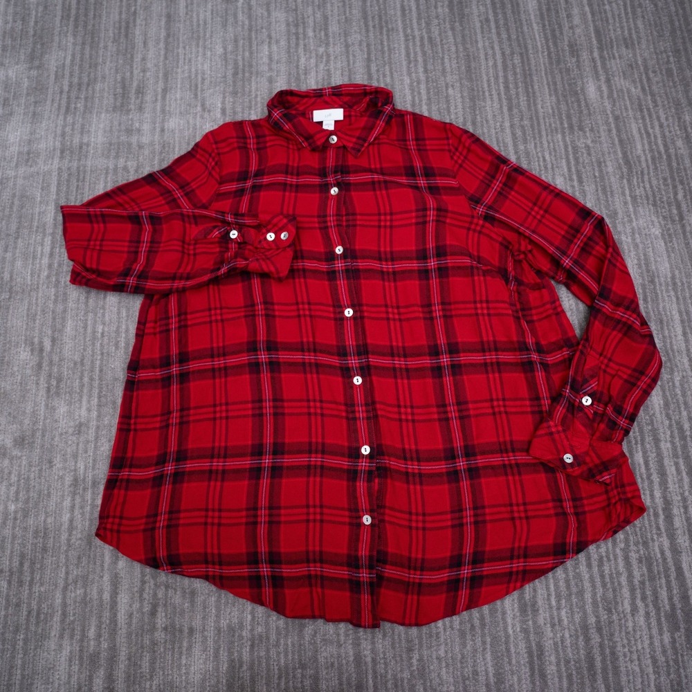 J. Jill Womens Red‎ Plaid Button Down Shirt Long Sleeve Tartan Blouse Medium